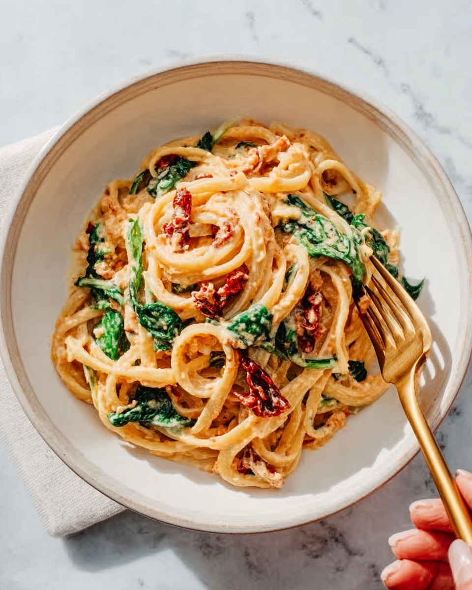 A white bowl filled with creamy pasta with long noodles twisted in a swirl, mixed with green spinach leaves and bits of red sun-dried tomatoes scattered throughout. The sauce is light orange and smooth, coating the pasta evenly. A golden fork is placed to the right resting inside the bowl, with a woman's hand holding it gently. The bowl is set on a white marbled surface with soft natural light shining from the top left corner. photo taken with an iphone --ar 4:5 --v 7