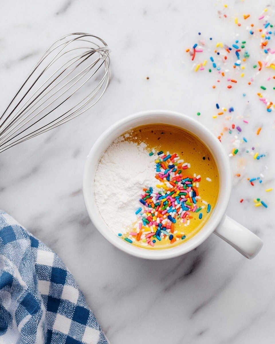 A white cup filled with three clear layers visible from top: a golden yellow liquid base, a heap of white powder on one side, and bright, colorful sprinkles scattered on top of the liquid near the powder. The cup sits on a white marbled surface, with some sprinkles scattered nearby to the right. To the left of the cup, there is an empty white bowl holding a metal whisk and a blue and white checkered cloth partially visible at the bottom left corner. Photo taken with an iphone --ar 4:5 --v 7