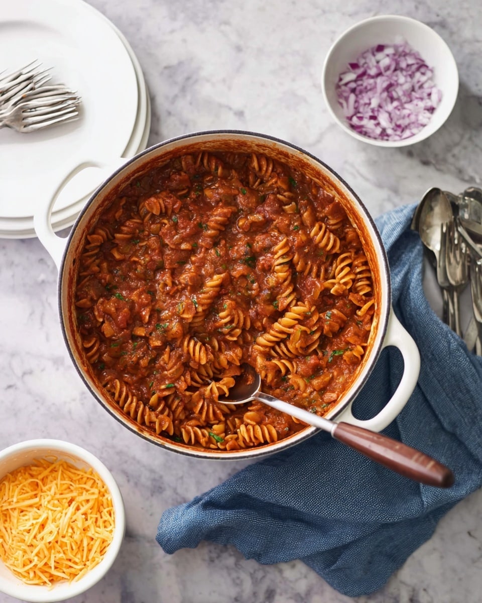 A white pot filled with reddish-brown pasta sauce and spiral pasta sits on a white marbled surface. The sauce is thick with visible tomato pieces and small green herbs mixed throughout. A silver spoon with a brown handle rests inside the pot. Next to the pot, there is a stack of white plates, a small white bowl with finely chopped red onions, and another small white bowl with shredded yellow cheese. A folded blue cloth lies under the pot, with three silver forks placed on top. photo taken with an iphone --ar 4:5 --v 7