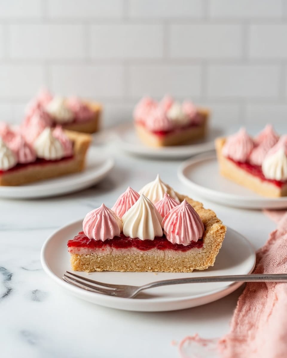 The image shows several slices of a tart each placed on small white plates set on a white marbled surface. Each tart slice has three visible layers: the bottom layer is a thick, golden-brown crust with a firm texture; above it is a thin, bright red jam layer; on top are dollops of two shades of pink cream, arranged in a neat alternating pattern with darker pink and lighter pink cream puffs. A silver fork is placed beside the tart slice in the center, and a soft pink cloth is partially visible on the right side. The background is a white tiled wall. Photo taken with an iphone --ar 4:5 --v 7