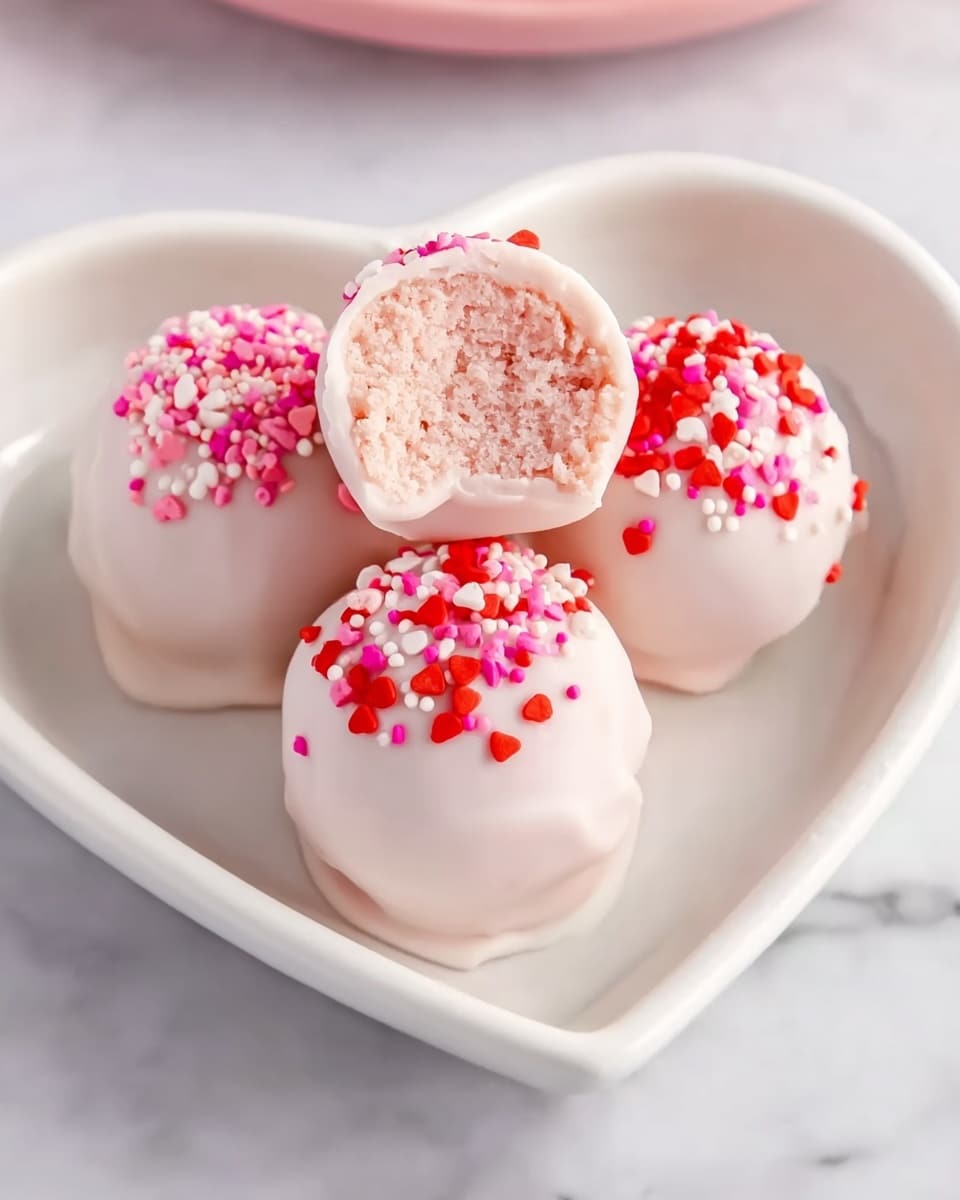 A heart-shaped white plate holds four round cake balls. Each cake ball is covered in a smooth, light pink coating. Three of them have colorful red, pink, and white sprinkles on top, adding texture and a festive feel. The fourth cake ball is cut open at the top, showing a soft, crumbly light pink inside. The plate is placed on a white marbled surface, giving a clean and bright look. photo taken with an iphone --ar 4:5 --v 7