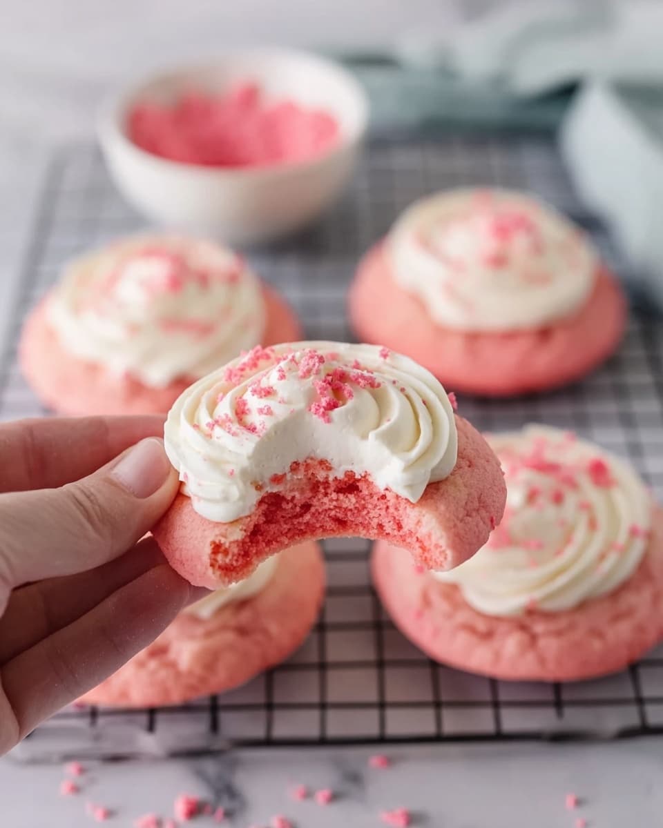 A woman's hand is holding a pink cookie with a bite taken out of it, showing a soft and airy texture inside. The cookie has one layer, topped with a white thick swirl of cream and small pink crumbs sprinkled on top. In the background, there are five more pink cookies with the same white cream and pink crumbs, all placed on a metal cooling rack over a white marbled surface. A small white bowl filled with pink crumbs is visible blurred in the top left corner. Photo taken with an iphone --ar 4:5 --v 7