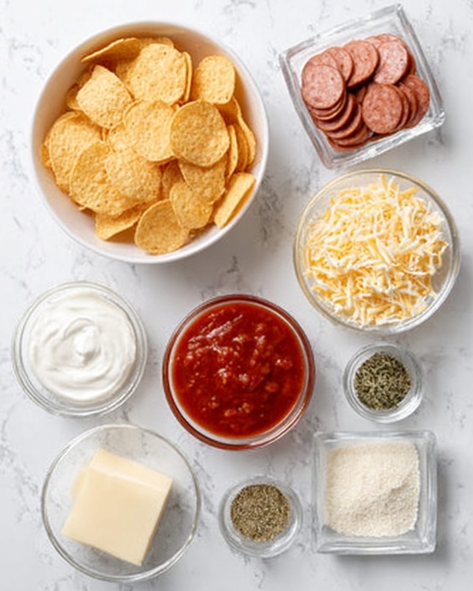The image shows a white bowl filled with small, round yellow tortilla chips on a white marbled surface. Nearby, there is a small white bowl of thick white sour cream and another small white bowl filled with shredded pale yellow cheese. A glass container holds small round slices of pinkish-brown sausage. There is also a small glass bowl of smooth red salsa, a square glass bowl with a small piece of light yellow butter, a shallow glass bowl with green dried herbs, and a small glass bowl with a white powdery substance. Everything is arranged neatly on the surface. Photo taken with an iphone --ar 4:5 --v 7