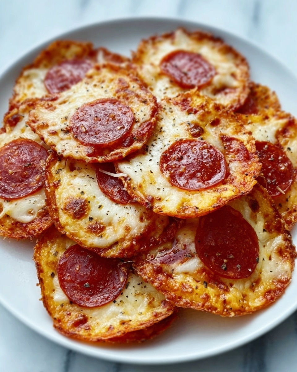 The image shows small round crispy snacks on a sheet of white foil, each made of a bottom layer of golden melted cheese with some parts slightly browned, topped with a shiny, dark red pepperoni slice. There are some small bits of green herbs scattered on the cheese around the pepperoni. The edges of the cheese layer are uneven and slightly bubbled, with some melted cheese strands connecting different pieces. The snacks are spread over the white foil which lies on a white marbled surface. Photo taken with an iphone --ar 4:5 --v 7
