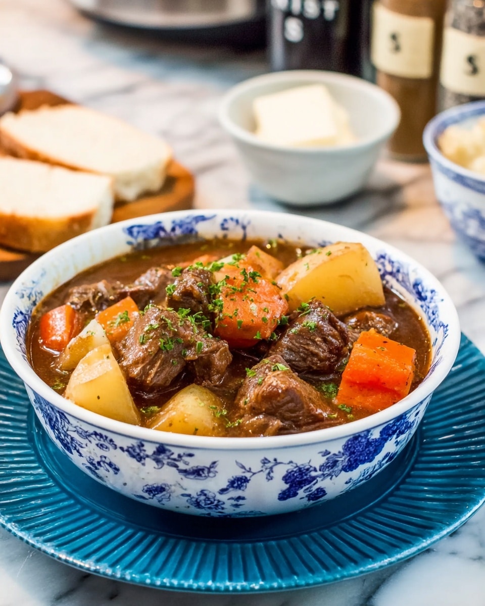 A deep white bowl with blue floral patterns on its outside holds a thick stew filled with several layers: large chunks of brown and tender meat, orange carrot pieces, pale yellow and light tan potato chunks, all sitting in a rich, dark brown broth with bits of green herbs sprinkled on top. This bowl rests on a blue plate with ridged edges, placed on a white marbled surface. In the blurry background, there is another bowl and containers labeled