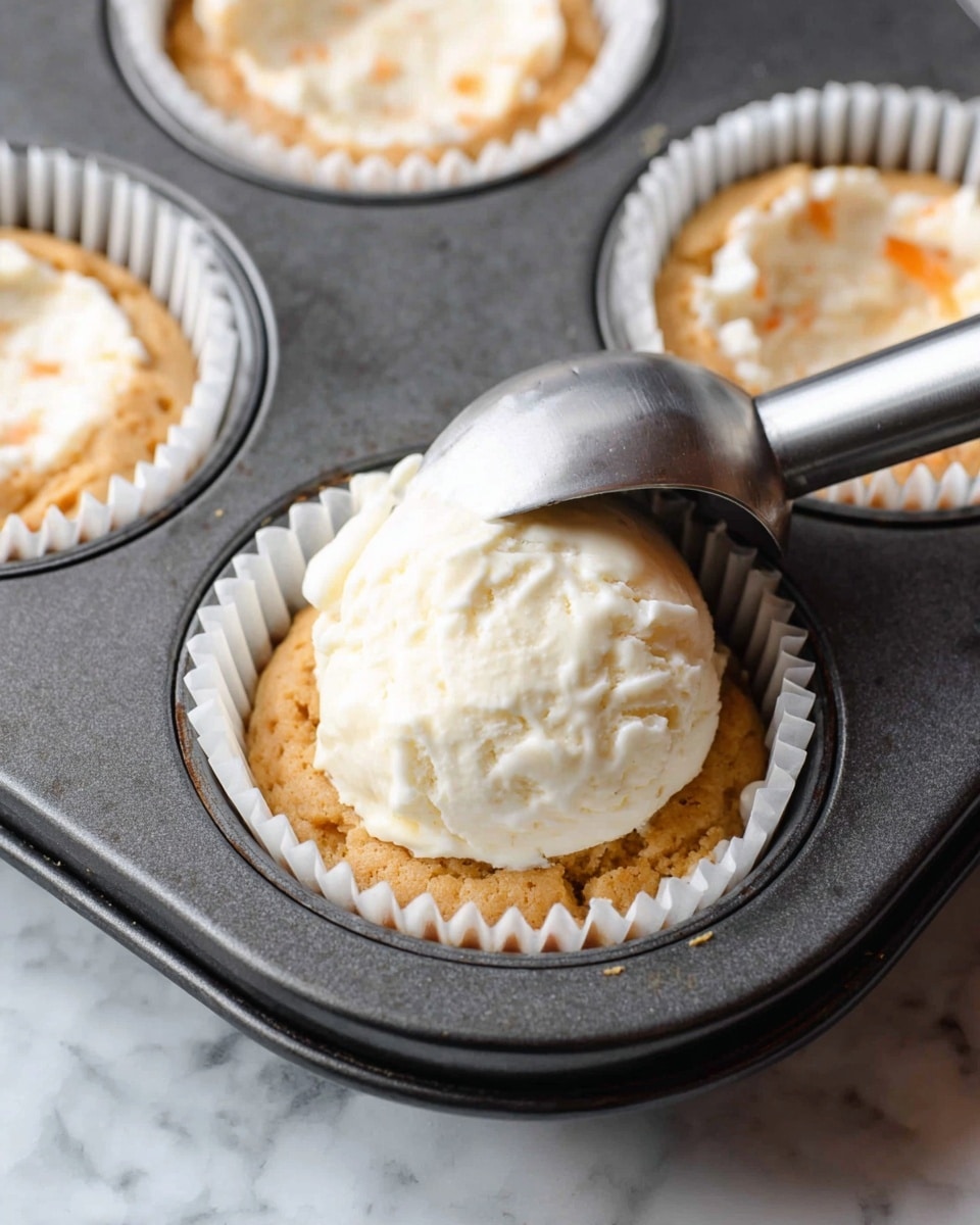A close-up view of a dark metal muffin tray holds six white paper liners filled with two layers of batter. The bottom layer is light brown with visible small orange bits and a slightly uneven texture. The second layer, being added by a silver ice cream scoop, is thick, creamy, and white with a smooth texture and a few tiny darker specks, positioned squarely in the center of the bottom layer. The background is a white marbled surface. Photo taken with an iphone --ar 4:5 --v 7