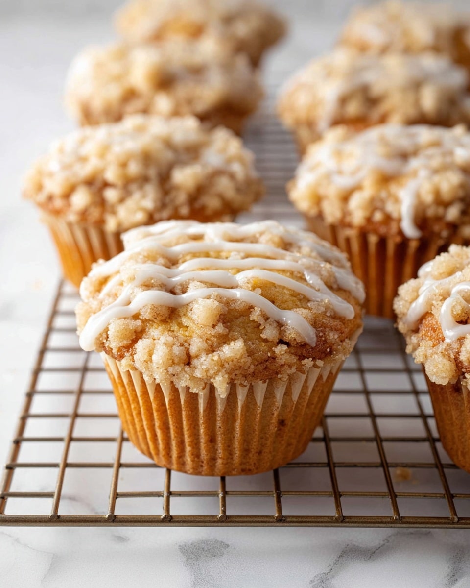 A close-up view of several crumb-topped muffins arranged on a cooling rack over a white marbled surface. Each muffin has one main layer of golden-brown cake with a crumbly, rough-textured topping made of small crumb clusters in lighter beige and tan shades. A thin white icing is drizzled unevenly over the crumb topping in wavy lines. The muffins are all in light brown paper liners that fold around the base and sides. The focus is sharp on the muffins in the front with the background muffins softly blurred. Photo taken with an iphone --ar 4:5 --v 7