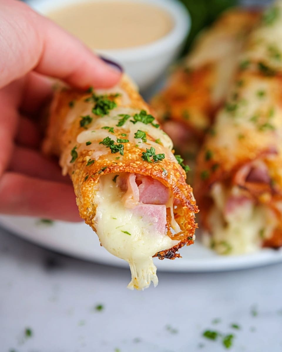 A close-up view of a rolled taco held by a woman's hand, showing three layers: the outer crispy golden layer topped with small patches of melted cheese and scattered green parsley, the middle layer filled with melted white cheese that is slightly oozing out, and the innermost layer made of folded pinkish ham pieces. In the blurred background, more rolled tacos are seen on a white plate on a white marbled surface with a small bowl of light beige dipping sauce. Photo taken with an iphone --ar 4:5 --v 7