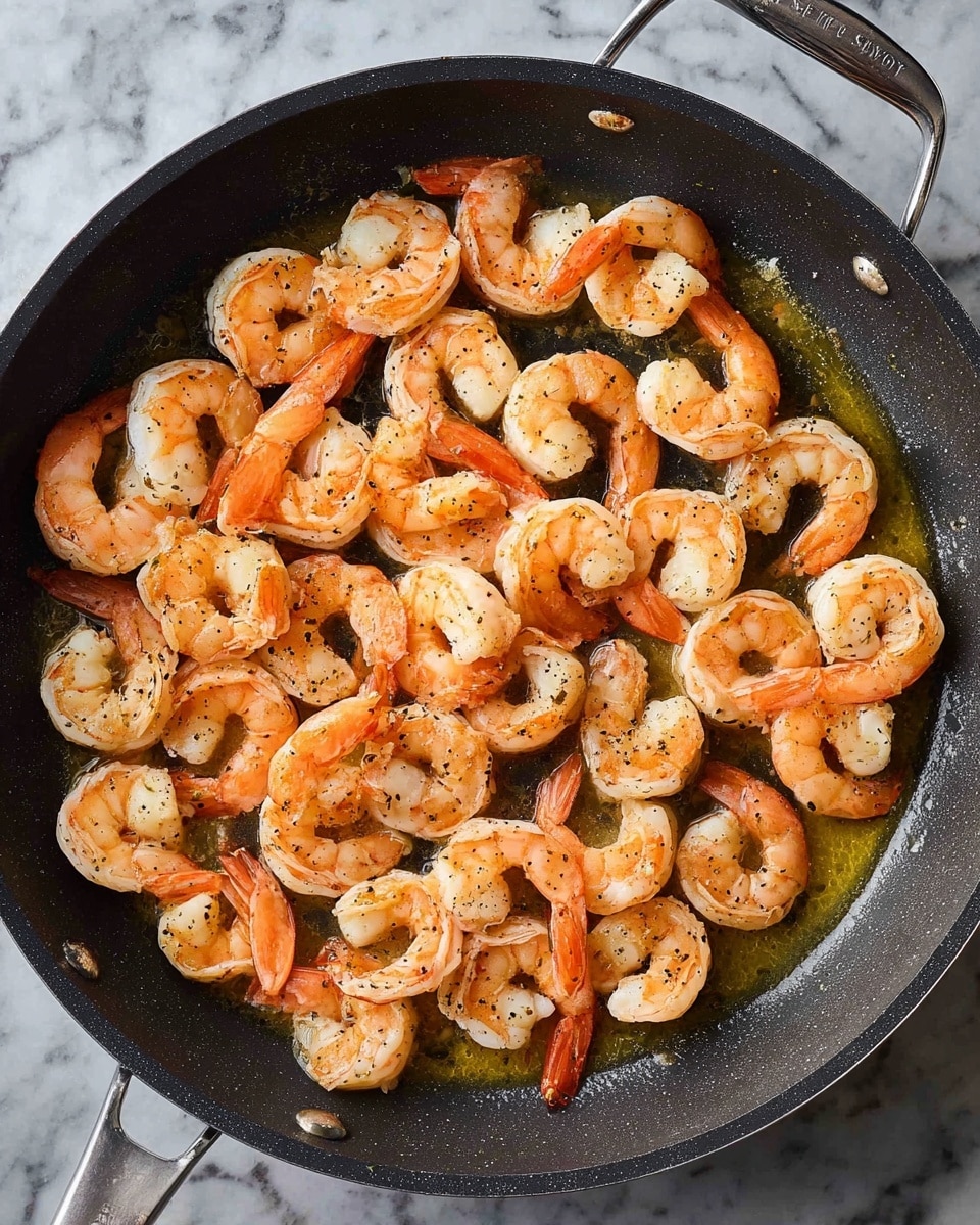 A close-up top view of a dark pan filled with about thirty cooked shrimp that are pinkish-orange and white, arranged evenly in one layer. The shrimp have a slight shine and some light black pepper seasoning, sitting in a thin layer of yellowish liquid at the bottom of the pan. The pan has a silver handle on a white marbled surface. photo taken with an iphone --ar 4:5 --v 7