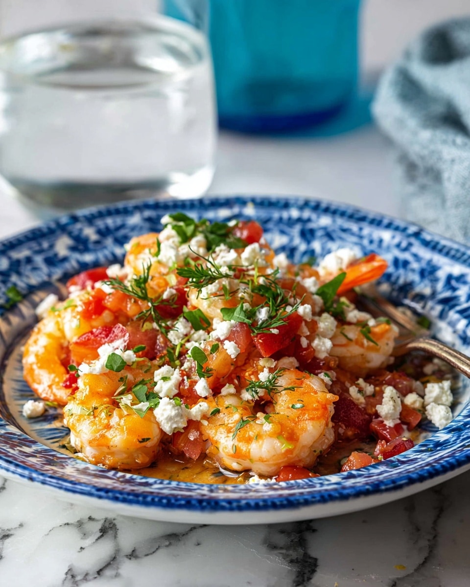 A close-up view of a white plate with blue patterns holds a shrimp dish. The shrimp are orange and cooked, scattered in two main layers. The first layer is shrimp mixed with red diced tomatoes and small white cheese pieces. The second layer is fresh green herbs sprinkled on top of the shrimp. The plate is placed on a white marbled surface with a glass of water and a blue bottle blurred in the background. Photo taken with an iphone --ar 4:5 --v 7