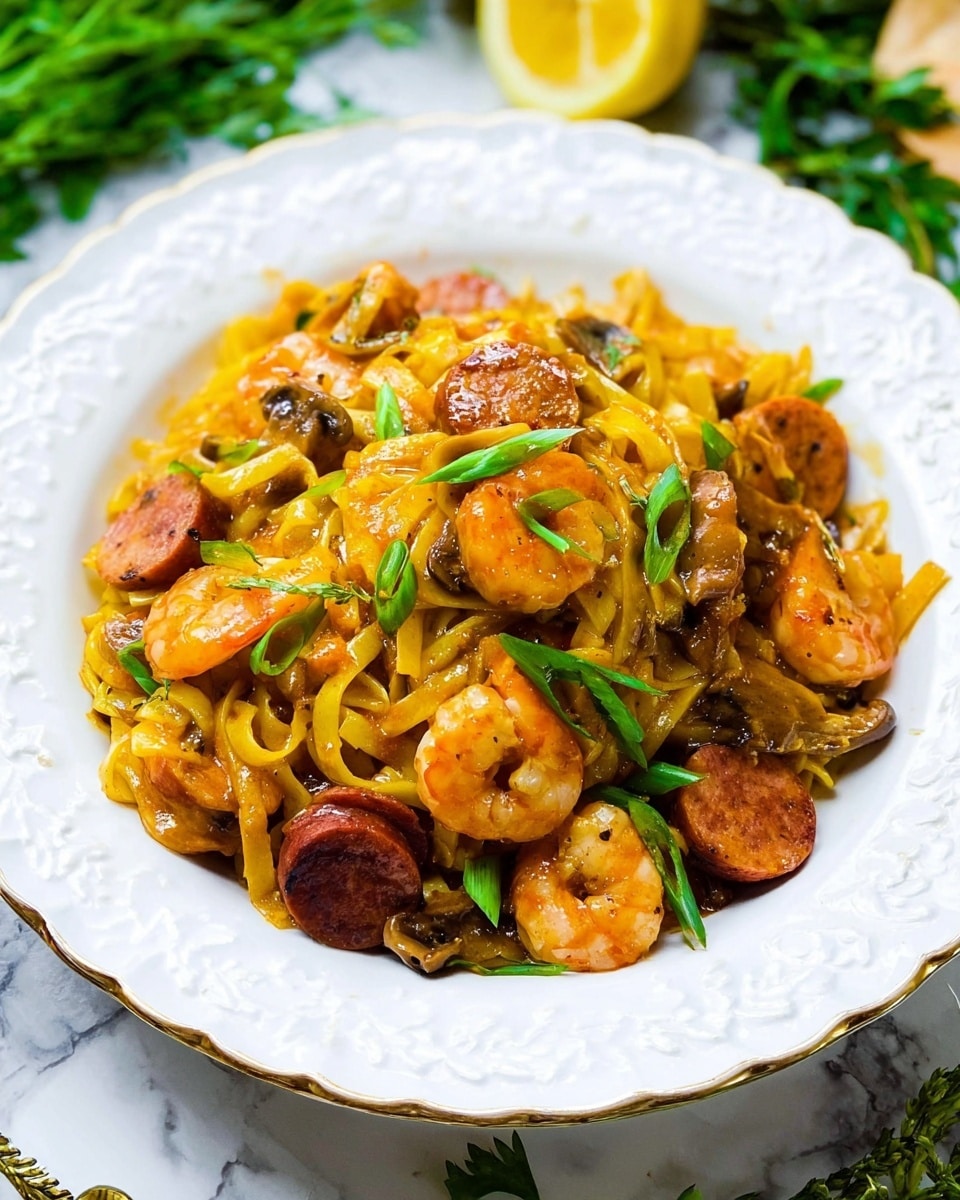 A white decorative plate holds a rich dish with several layers starting with thick yellow noodles at the base, topped with orange shrimp that have a slight shine, along with round slices of brown sausage. Mixed among these are yellow bell pepper pieces, green onion slices, and thinly sliced mushrooms that add texture. The dish is saucy, giving everything a glossy look, and bits of seasonings are visible, making the food look flavorful and colorful. In the background, blurred green herbs and a lemon half add freshness to the scene on a white marbled surface. photo taken with an iphone --ar 4:5 --v 7