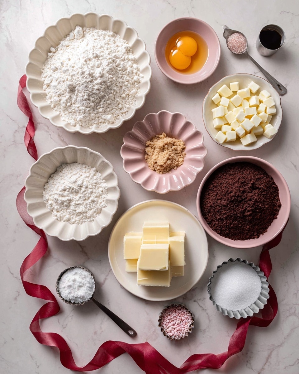 A top-down view of cooking ingredients arranged neatly on a white marbled texture. There is a white bowl filled with white flour on the bottom left, next to a pink scalloped dish of white sugar. Above them, there is another pink scalloped dish filled with light brown crumbs and near the center, a white scalloped dish holding small white cubes. To the right of the cubes, there is a small white plate with several yellowish butter cubes stacked in two layers. A white bowl with dark brown powder is on the right side. Above the center ingredients, two cracked yellow egg yolks sit in a small white bowl. A dark measuring spoon with a small amount of black liquid is positioned to the left of the yolk bowl. Small metal tart tins filled with white powder, light pink granules, and a dark liquid are scattered between the dishes. A curled red ribbon flows diagonally across the scene. Photo taken with an iphone --ar 4:5 --v 7
