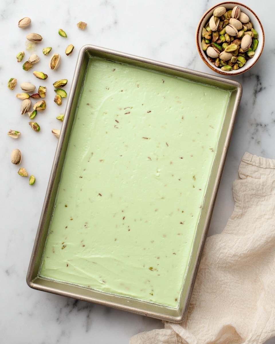 The image shows a rectangular metal baking tray filled with a single smooth layer of pale green dessert that has small brown specks scattered throughout. Next to the tray, a small white bowl with a brown rim contains whole pistachio nuts, and some nuts are scattered on the white marbled surface nearby. The tray and bowl are placed on a white marbled background with a light cream cloth partially visible in the corner. The overall look is clean and simple, focusing on the smooth green dessert and the pistachios. photo taken with an iphone --ar 4:5 --v 7