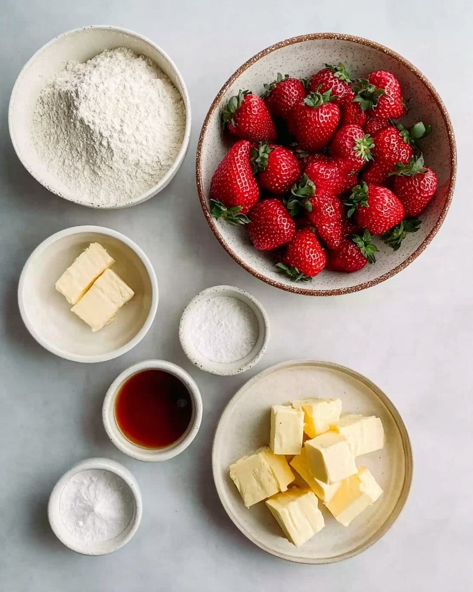 The image shows seven bowls of different sizes arranged on a white marbled surface. The largest bowl, positioned near the top right, is white with a brown speckled rim and filled with fresh, bright red strawberries with green leaves. Below it to the left is a large white bowl with a brown speckled rim filled with white flour. To the right of the flour bowl is a small white bowl filled with yellow butter cubes. Near the top left is a small empty white bowl. At the bottom left, there are three small white bowls; the left bowl contains a dark red liquid, the middle bowl has a light brown liquid, and the right bowl holds a white powder, probably sugar or salt. All bowls sit neatly spaced on the clean white marbled surface. Photo taken with an iphone --ar 4:5 --v 7
