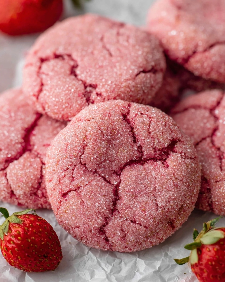 The image shows a close-up of several pink, round cookies with a sugar-coated surface that gives them a sparkling, rough texture. Each cookie has visible cracks and a slightly uneven top, showing a soft interior beneath the crisp sugar layer. The cookies are placed closely together on crinkled white paper that lies on a white marbled surface. Around the cookies, there are a few red strawberries adding a fresh, natural contrast with their shiny, smooth skin and small seeds. photo taken with an iphone --ar 4:5 --v 7