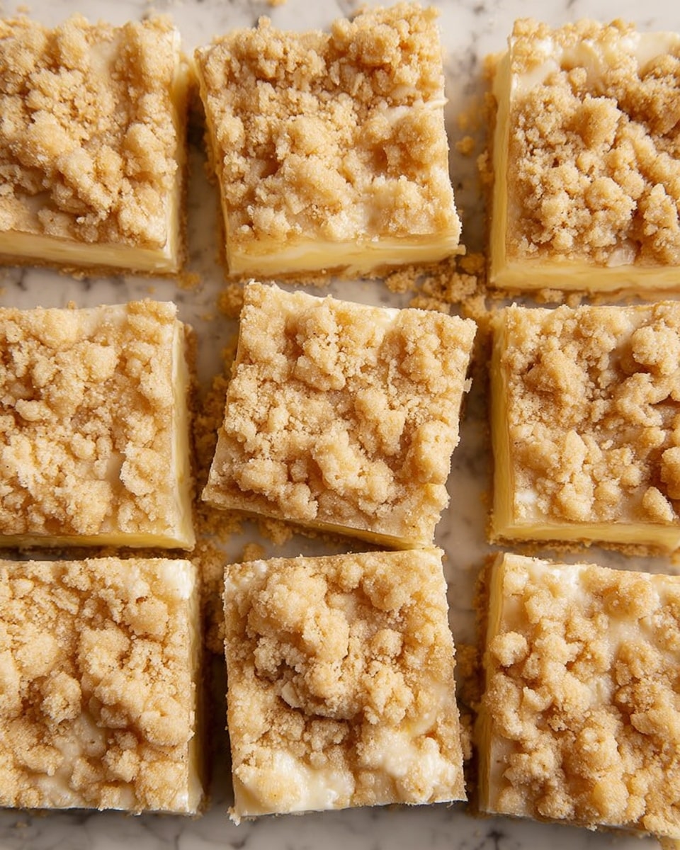 The image shows nine square pieces of a crumb-topped dessert arranged closely together on a white marbled surface. Each piece has two clear layers: the bottom layer is smooth and pale yellow, with a soft, cake-like texture, while the top layer is covered with an uneven, crumbly topping made of light tan crumbs, giving a rough, crunchy look. The crumbs vary in size and are loosely spread, creating a textured surface with small gaps showing the layer beneath. photo taken with an iphone --ar 4:5 --v 7
