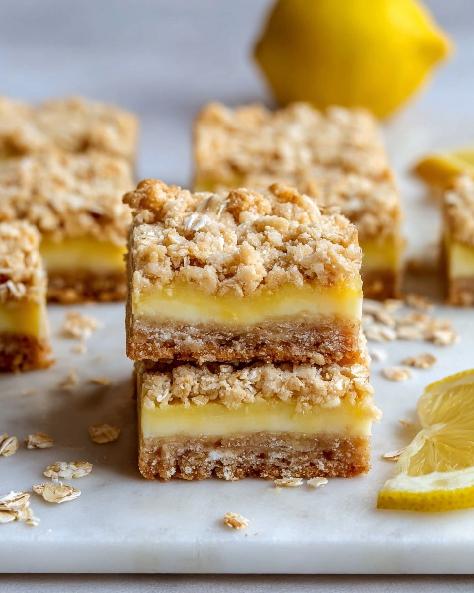 The image shows several square lemon oat bars on a white marbled surface. Each bar has three visible layers: a crumbly light brown oat base, a smooth bright yellow lemon filling in the middle, and a top layer of crumbly oat mixed with large rolled oats. The bars have some oat crumbs scattered around them. In the background, there is a lemon half and a whole lemon slightly blurred. The photo taken with an iphone --ar 4:5 --v 7