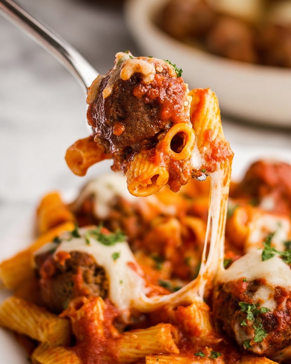 A close-up view of a fork lifting a serving of rigatoni pasta coated in thick red tomato sauce, topped with a large browned meatball that has melted white cheese oozing and stretching down, with some rigatoni noodles draped over the meatball. In the background, more rigatoni pasta and meatballs with green herb garnish can be seen filling a white plate on a white marbled surface. The photo is bright with warm tones highlighting the texture of the pasta, sauce, and juicy meatballs. Photo taken with an iphone --ar 4:5 --v 7