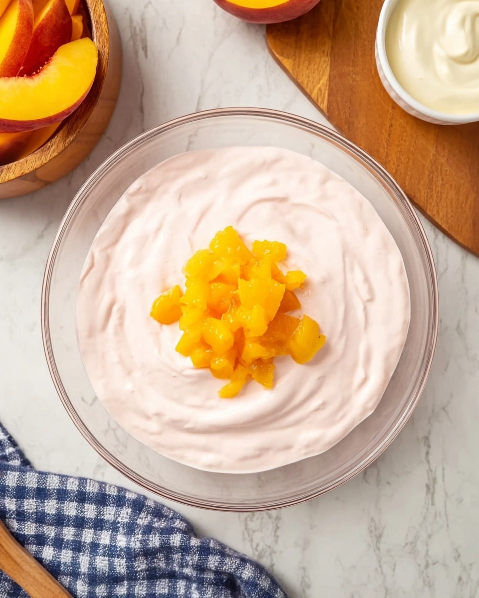 A clear glass bowl sits on a white marbled surface. Inside the bowl, there is a smooth, light pink creamy layer filling most of the bowl. On top of this creamy layer, there is a small mound of bright orange-yellow chopped fruit pieces, slightly spread out in the center. Around the bowl, there is a wooden bowl with peach peach slices on the upper left and a small white bowl with light beige cream on a wooden cutting board on the upper right. A wooden spoon is partially visible on the bottom left, and a navy and white checkered cloth is on the bottom right near the bowl. photo taken with an iphone --ar 4:5 --v 7
