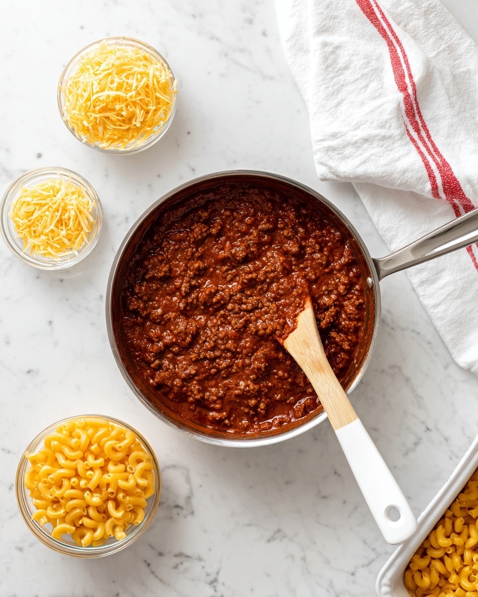 A shiny metal pan filled with a thick red-brown ground meat sauce sits on a white marbled surface with a wooden spoon resting inside it, its handle white and wooden. Next to the pan is a small white bowl filled with shredded light yellow cheese and another small white bowl with finely shredded pale yellow cheese. Below, a clear glass bowl holds bright orange macaroni and cheese curls. On the right edge of the image, part of a white ceramic baking dish is visible, and above it is a white towel with red stripes on the white marbled surface. photo taken with an iphone --ar 4:5 --v 7