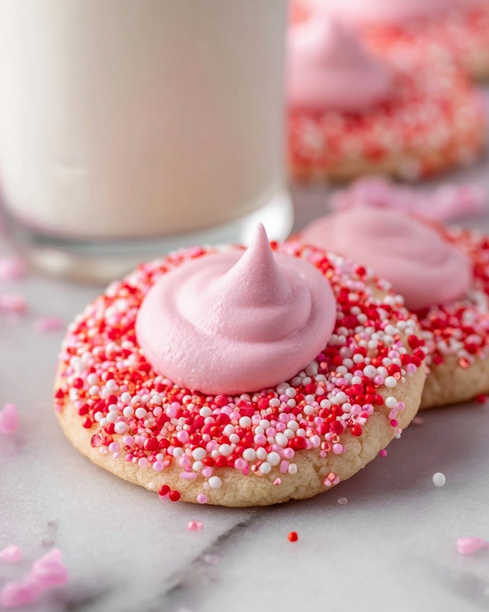 The image shows a close-up of a pink cookie with a round shape covered in small colorful sprinkles in red, pink, and white, creating a bumpy texture. On top of the cookie, in the center, there is a soft pink dollop of frosting with a smooth, slightly glossy texture shaped like a small peak. Another similar cookie is placed slightly behind the first one and out of focus, with part of a white glass of milk visible in the background. The scene is set on a white marbled surface. Photo taken with an iphone --ar 4:5 --v 7