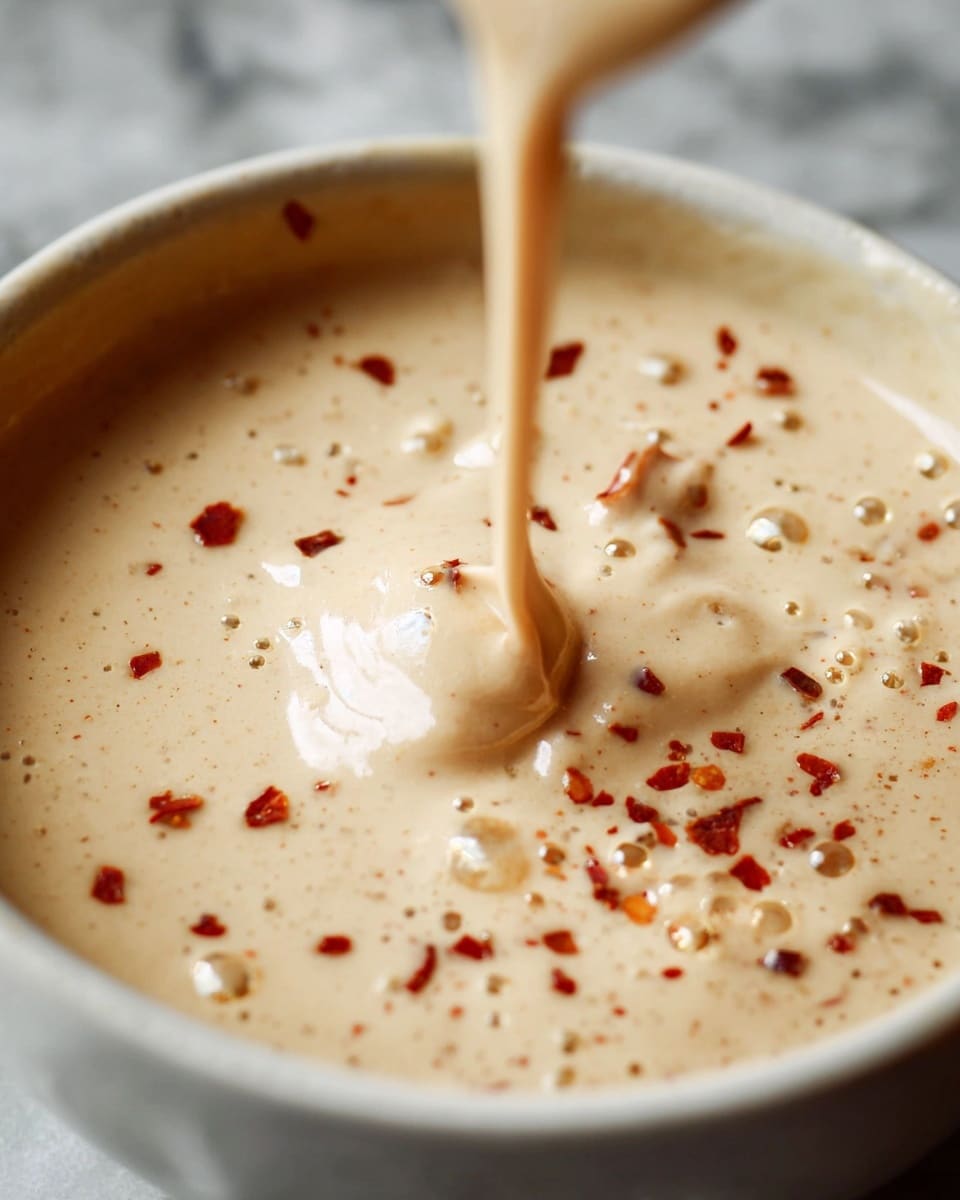 A close-up shows a thick, creamy light beige sauce being poured into a white bowl. The sauce has small pieces mixed inside and is sprinkled with red chili flakes, giving small bursts of bright red color. Tiny bubbles form on the surface, and the texture looks smooth and rich with some lumps. The background is a white marbled texture. photo taken with an iphone --ar 4:5 --v 7
