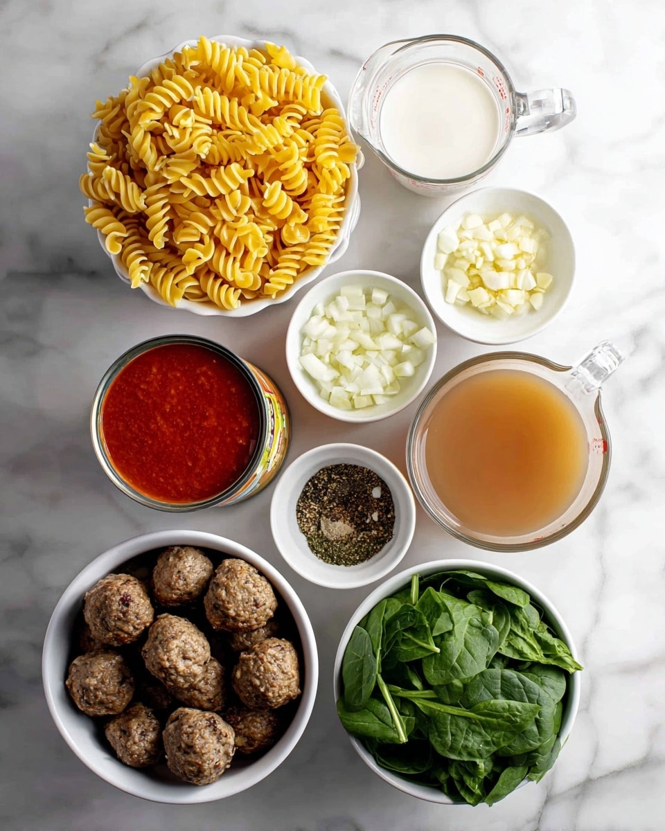 A white marbled surface holds several white bowls and a clear measuring cup arranged neatly, each filled with different ingredients for cooking. In the center-top is a bowl of raw yellow spiral pasta, next to it on the right is a clear glass measuring cup with white creamy liquid. Below the pasta is a bowl of chopped white onions, beside it on the right is a small bowl filled with minced garlic, and to its right another bowl contains mixed black and green spices. On the left side below the onions is a can with red tomato sauce, and below the sauce is a white bowl full of browned meatballs. To the right of the meatballs, a white bowl is filled with fresh green spinach leaves. Finally, in the bottom right corner is a large clear measuring cup full of light brown broth. All items sit on a clean white marbled surface. Photo taken with an iphone --ar 4:5 --v 7