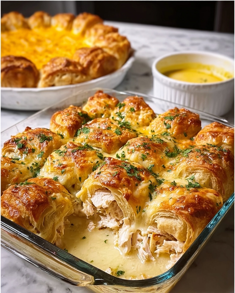 A clear glass baking dish filled with 12 golden brown, puffed rolls arranged in three rows and four columns, each roll showing flaky layers of light, crispy dough on the outside and soft, creamy filling inside. The filling is white with visible slices of pale chicken, all covered in melted cheese and creamy sauce. Fresh chopped green herbs are sprinkled evenly across the top, adding a touch of color. Behind the dish, a round white ceramic dish holds a similar baked cheesy item, and a small white bowl contains a bright yellow sauce. The whole scene is on a white marbled surface. photo taken with an iphone --ar 4:5 --v 7