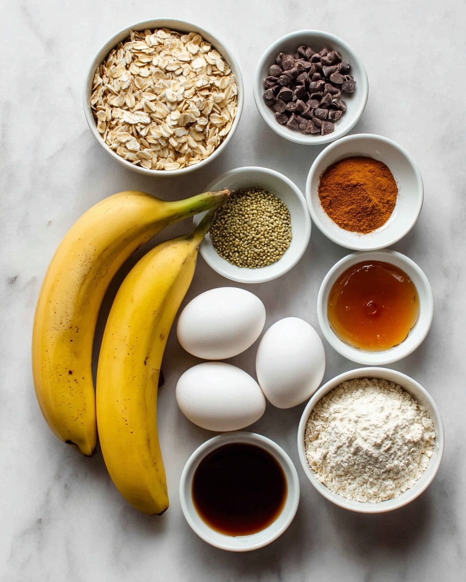 Two ripe yellow bananas with minor brown spots lie on a white marbled surface next to two white eggs. Surrounding them are small white bowls filled with different ingredients: a bowl of light brown rolled oats, a bowl of dark chocolate chips, a bowl of green hemp seeds, a small bowl of orange cinnamon powder, a small bowl of white flour, and a bowl with amber-colored honey. There is also a small white bowl holding dark brown vanilla extract. All items are neatly arranged on the white marbled background. photo taken with an iphone --ar 4:5 --v 7