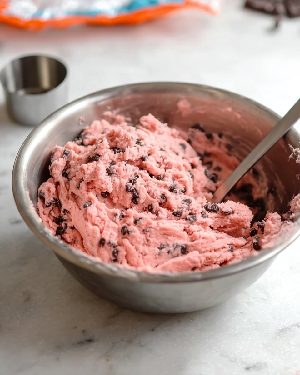 A metal bowl filled with smooth, pink cookie dough mixed with small dark chocolate chips evenly spread throughout. The dough has a soft, textured appearance, and a metal spoon is placed inside the bowl on the right side, partially covered by the dough. The bowl is set on a white marbled surface with a small metal measuring cup nearby. In the blurry background are some ingredients wrapped in packaging. photo taken with an iphone --ar 4:5 --v 7