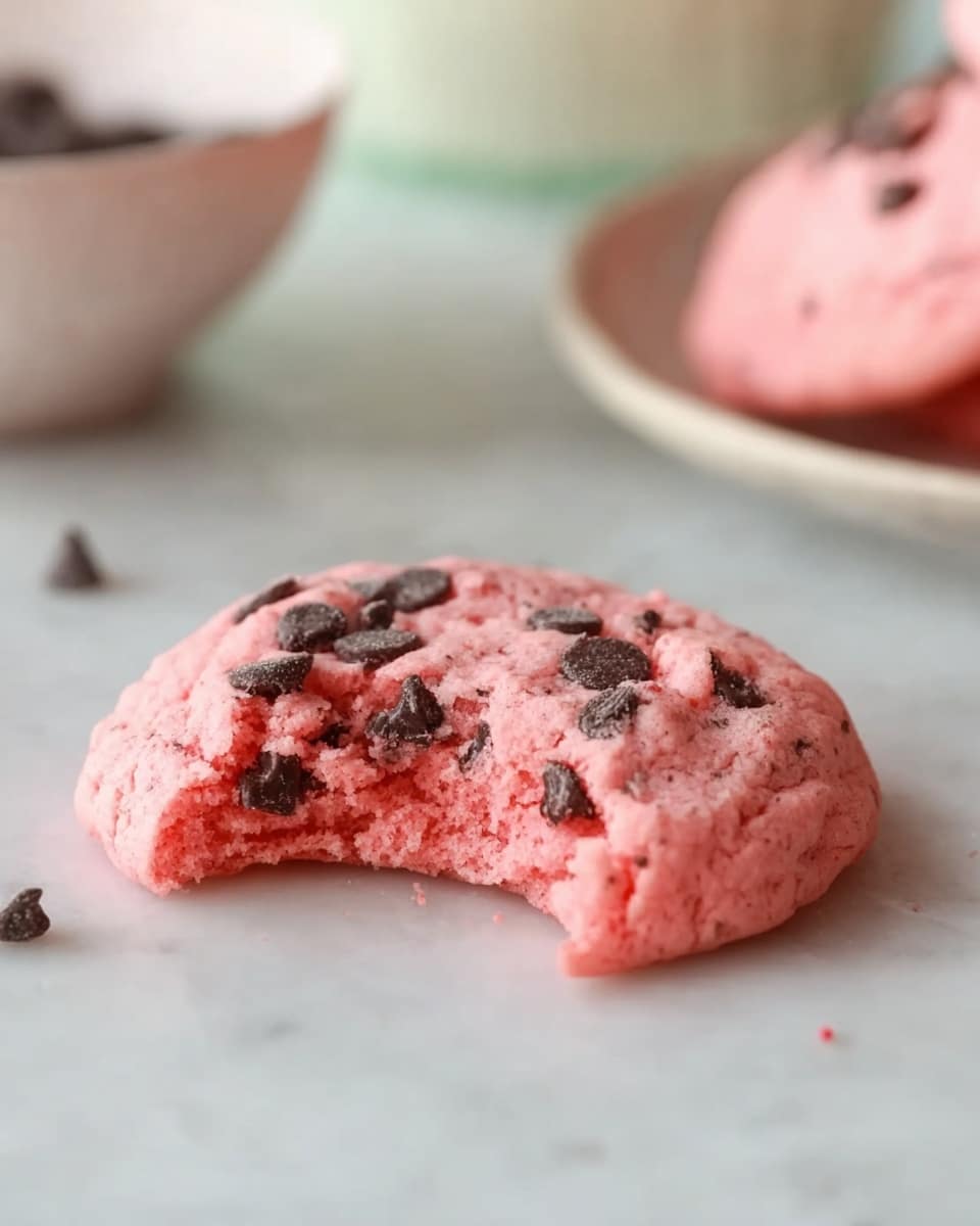 A soft pink cookie with a slightly rough texture is shown with a bite taken from the front side, revealing chocolate chips inside. The top of the cookie has scattered dark chocolate chips across it. In the background, there is a white bowl slightly out of focus on a white marbled surface. Photo taken with an iphone --ar 4:5 --v 7