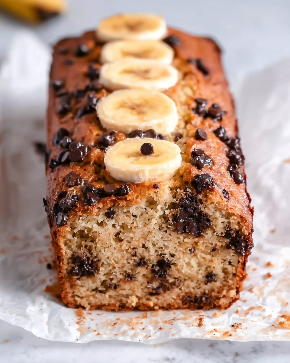 A loaf of banana bread with a golden-brown crust sits on white parchment paper, topped with three banana slices spaced evenly along the center and scattered chocolate chips that are melted in some spots. Two thick slices have been cut from one end, revealing a soft, moist inside with chocolate chips spread throughout the light tan bread. The loaf is placed on a white marbled surface with a bunch of ripe bananas and a glass of milk blurred softly in the background. The overall light is natural and bright, emphasizing the texture and colors of the bread. Photo taken with an iphone --ar 4:5 --v 7