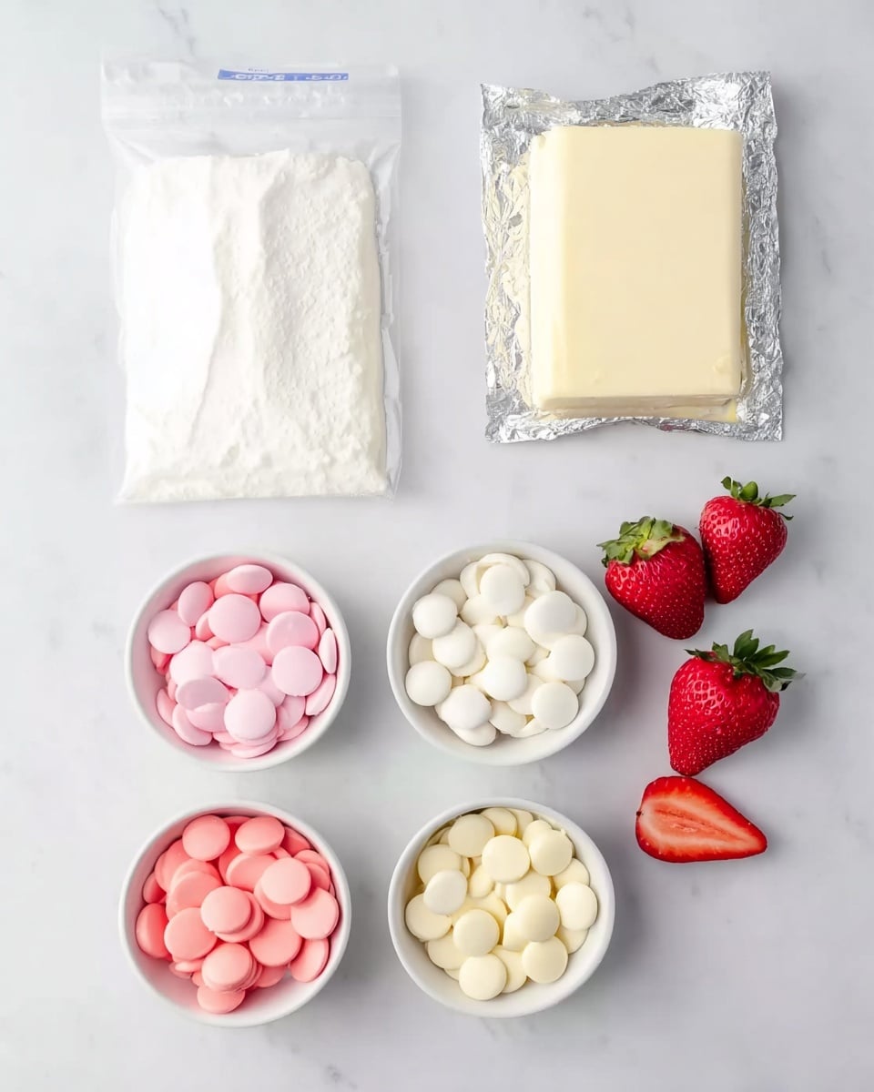 The image shows ingredients on a white marbled surface, arranged neatly in a flat lay style. There is a sealed white powder package at the top left and a rectangular cream cheese block in foil wrapping placed to the right. Around these, there are several fresh strawberries, some whole and one cut in half, adding a bright red color. Below, there are five small white bowls filled with different colored candy melts: white candy melts at the top right, light pink in the center, a darker pink to the bottom left, and cream-colored melts to the bottom right. The contrast between the smooth, round candy melts and the soft, fresh strawberries adds texture and color variety to the setup. photo taken with an iphone --ar 4:5 --v 7