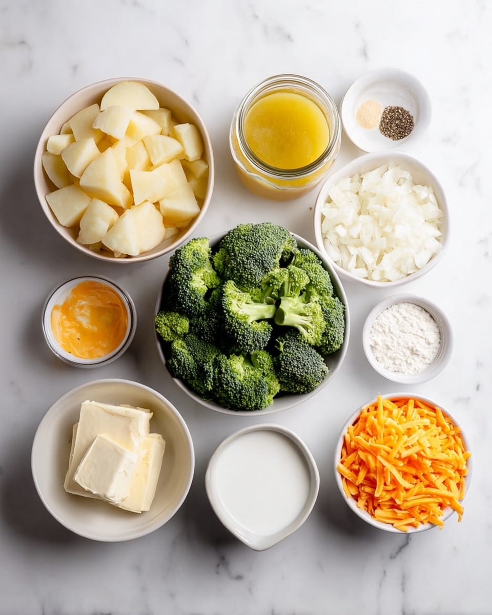 The image shows a collection of cooking ingredients placed on a white marbled surface. From left to right, there is a white bowl filled with peeled, cut potato pieces, a jar with a yellow liquid, an off-white bowl with chopped onions, and a bowl of green broccoli florets in the center. Next to the broccoli, small bowls with white flour, black pepper, and minced garlic are arranged near a chunk of butter. To the far right, there is a white bowl of orange carrot slices, a small bowl of milk, and a white bowl filled with shredded cheddar cheese. All items are neatly placed and clearly visible, photo taken with an iphone --ar 4:5 --v 7