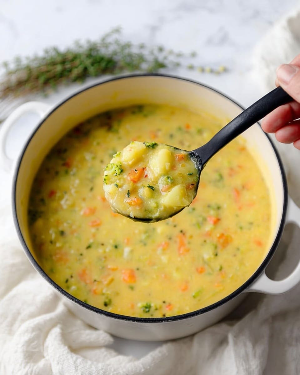 A close-up view of a thick soup held in a black spoon above a white pot. The soup has a creamy yellow base with visible small chunks of orange carrots, green broccoli, and pale potatoes mixed throughout. The pot sits on a white marbled surface with a soft white cloth nearby and a small sprig of green herbs in the background. A woman's hand grips the spoon, lifting it to show the texture of the hearty soup. photo taken with an iphone --ar 4:5 --v 7