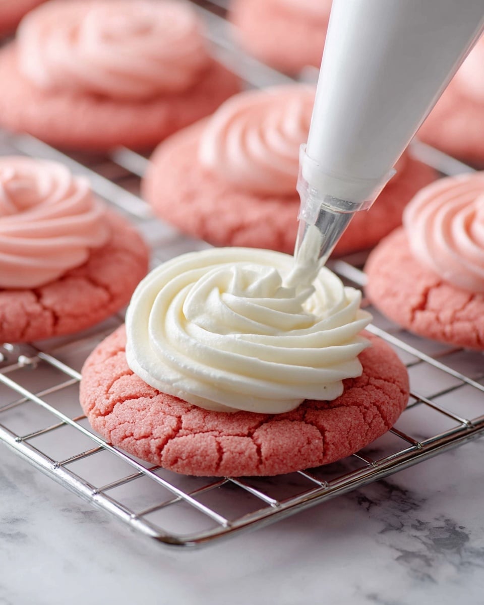 The image shows a close-up of a pink cookie with a cracked texture on a silver cooling rack placed on a white marbled surface. On top of the cookie, a swirl of smooth white frosting is being piped using a white piping bag with a metal star tip. Around the main cookie, several similar pink cookies with the same cracked texture sit on the rack, some already topped with the white frosting swirl. The scene focuses on the frosting process, with soft natural lighting highlighting the contrast between the bright pink cookie and the creamy white frosting. Photo taken with an iphone --ar 4:5 --v 7
