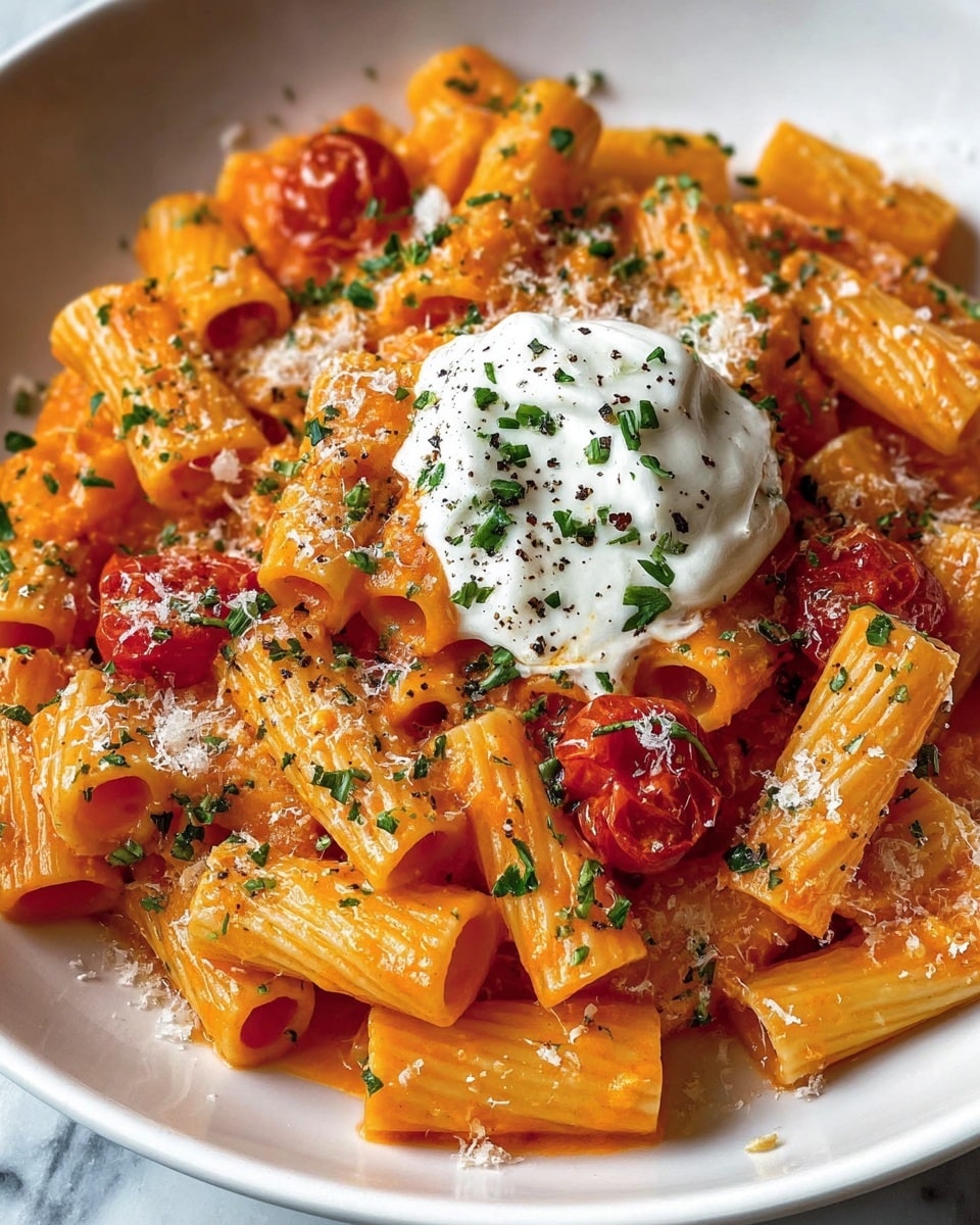 A close-up of a white plate filled with rigatoni pasta coated in a smooth orange-red tomato sauce, mixed with small pieces of roasted cherry tomatoes. On top, there is a dollop of white creamy cheese, sprinkled with chopped green herbs and freshly ground black pepper. The pasta is also garnished with grated cheese and scattered green herbs, giving a fresh look. The plate is set on a white marbled surface. photo taken with an iphone --ar 4:5 --v 7