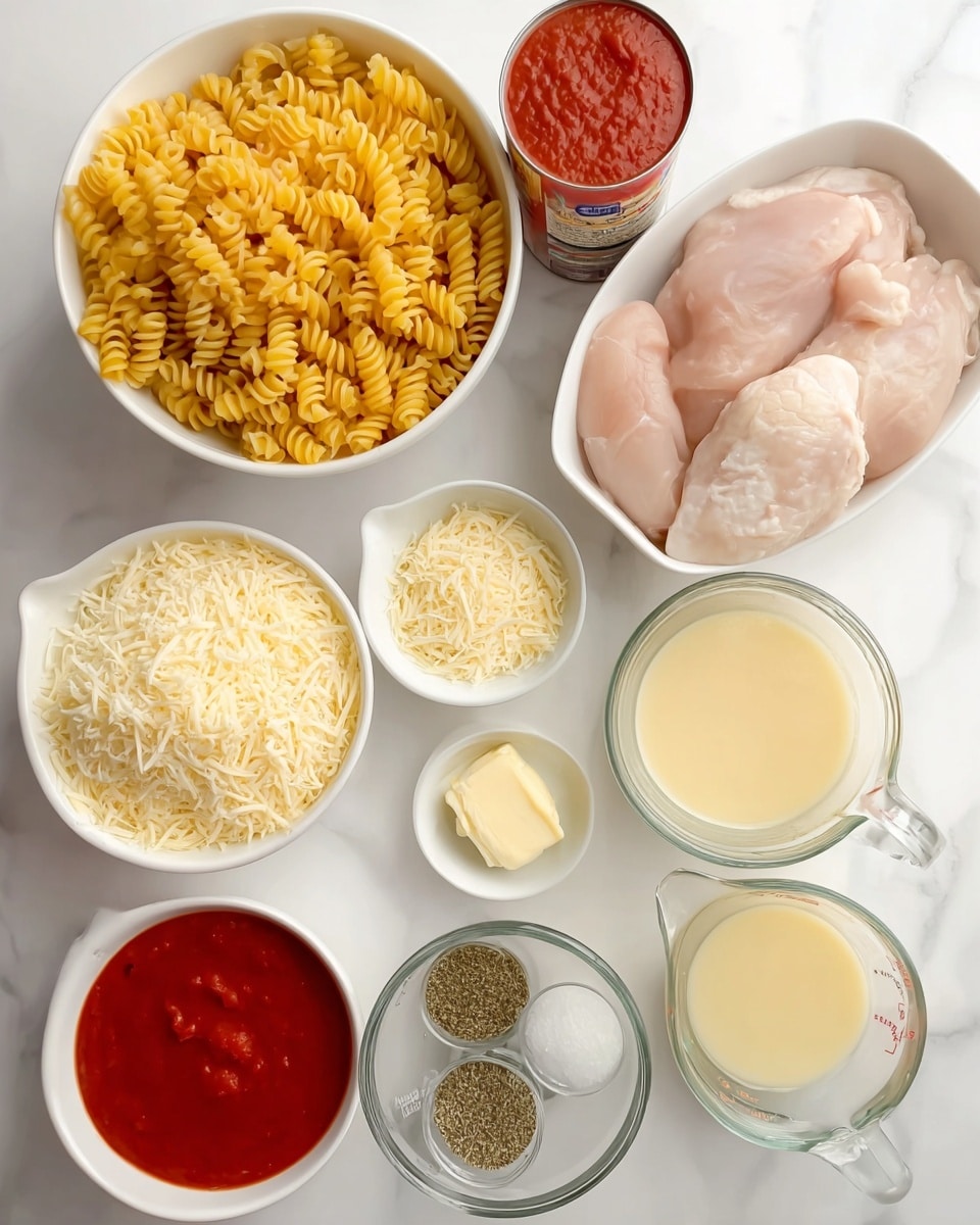 This image shows a top view of ingredients arranged in white bowls and clear glass measuring cups on a white marbled surface. There are two large white bowls, one filled with uncooked yellow rotini pasta and the other with raw chicken breasts. Two smaller white bowls have shredded cheese and breadcrumbs. A third small white bowl has a small piece of butter. There is a small white bowl with minced garlic and another with a mix of black pepper, dried herbs, and pink salt. Two clear glass measuring cups hold light yellow broth and heavy cream. There is also an open can filled with thick red tomato sauce and a smaller container with a thinner red sauce, all placed neatly without any shadows. photo taken with an iphone --ar 4:5 --v 7