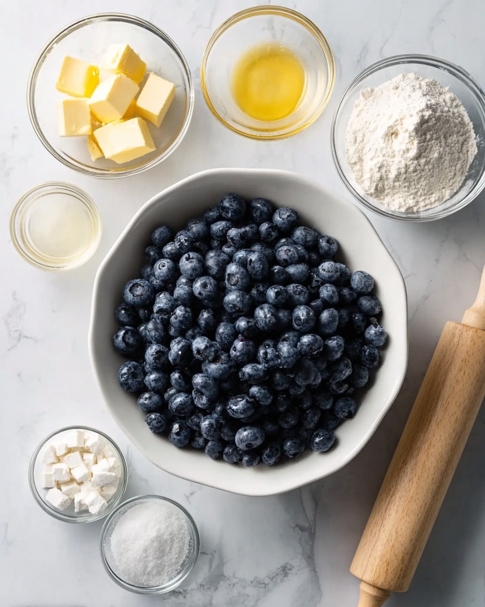 The image shows a white marbled surface with ingredients for a berry dessert scattered on it. There is a glass bowl filled with dark purple and black sugared berries in the center bottom, while a white bowl with fresh blueberries and blackberries is at the top right. Rolled pastry dough in a light cream color lies horizontally near the center. Next to it are two round metal cookie cutters, one larger and one smaller. Small white bowls hold white flour and cream, and a small white measuring cup contains more cream. There is a small packet of baking powder nearby. Two copper spoons are crossed on the right side. Blueberries and blackberries are scattered around the ingredients, and a soft peach and white checkered cloth is in the bottom left corner. Photo taken with an iphone --ar 4:5 --v 7