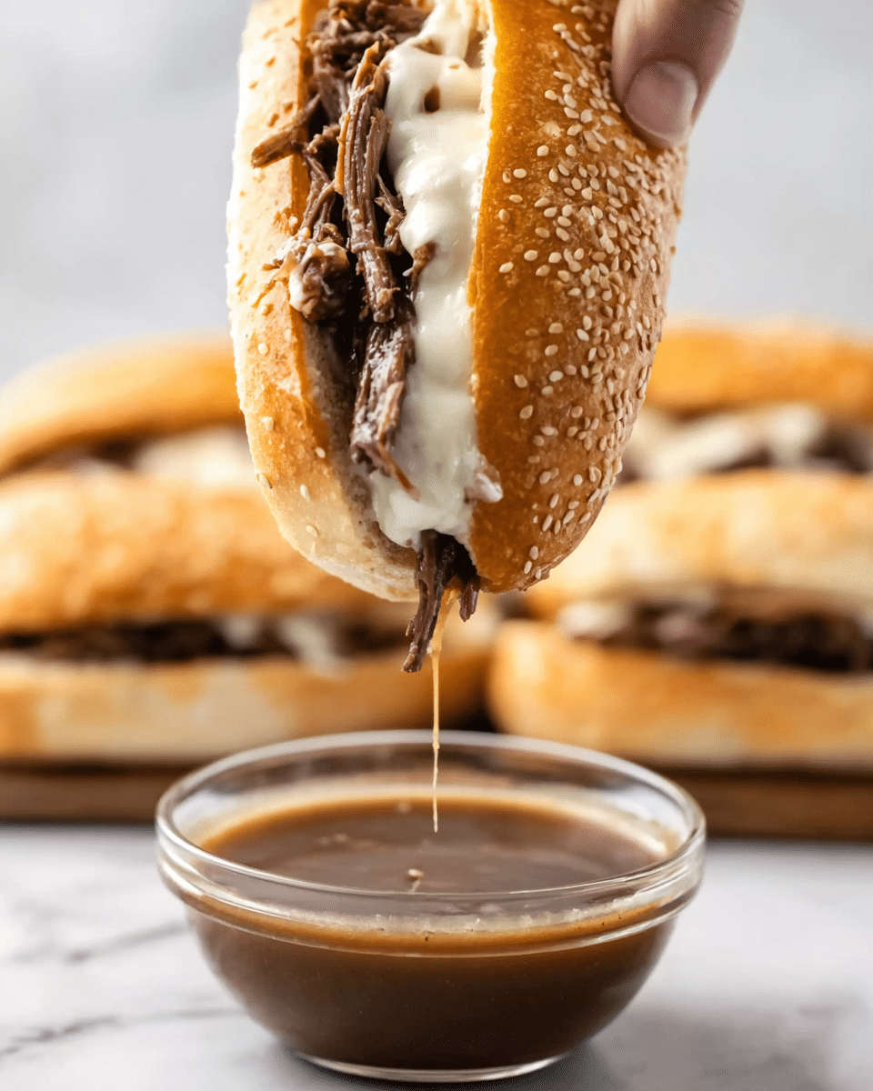 A close-up of a sandwich held by a woman's hand above a clear glass bowl filled with brown gravy. The sandwich is in a white sesame seed bun, filled with shredded dark brown meat and topped with melted white cheese, visible in layers inside the bun. In the background, slightly blurred, are more sandwiches placed on a white marbled surface. The focus is on the dripping melted cheese and meat inside the sandwich just above the bowl of gravy. Photo taken with an iphone --ar 4:5 --v 7