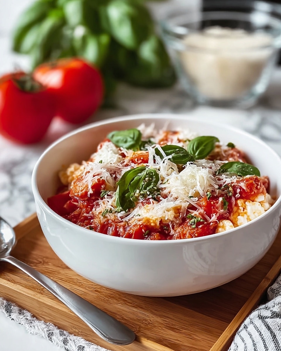 A white bowl filled with creamy risotto that has a red tomato sauce mixed inside, creating a soft and slightly chunky texture with small pieces of tomato visible throughout. On top, there are uneven thin slices of pale yellow cheese scattered across the surface. A woman’s hand holds a gold fork resting inside the bowl on the right side. The bowl sits on a white marbled surface with a piece of white cloth and black stripes partially visible on the left side. Photo taken with an iphone --ar 4:5 --v 7