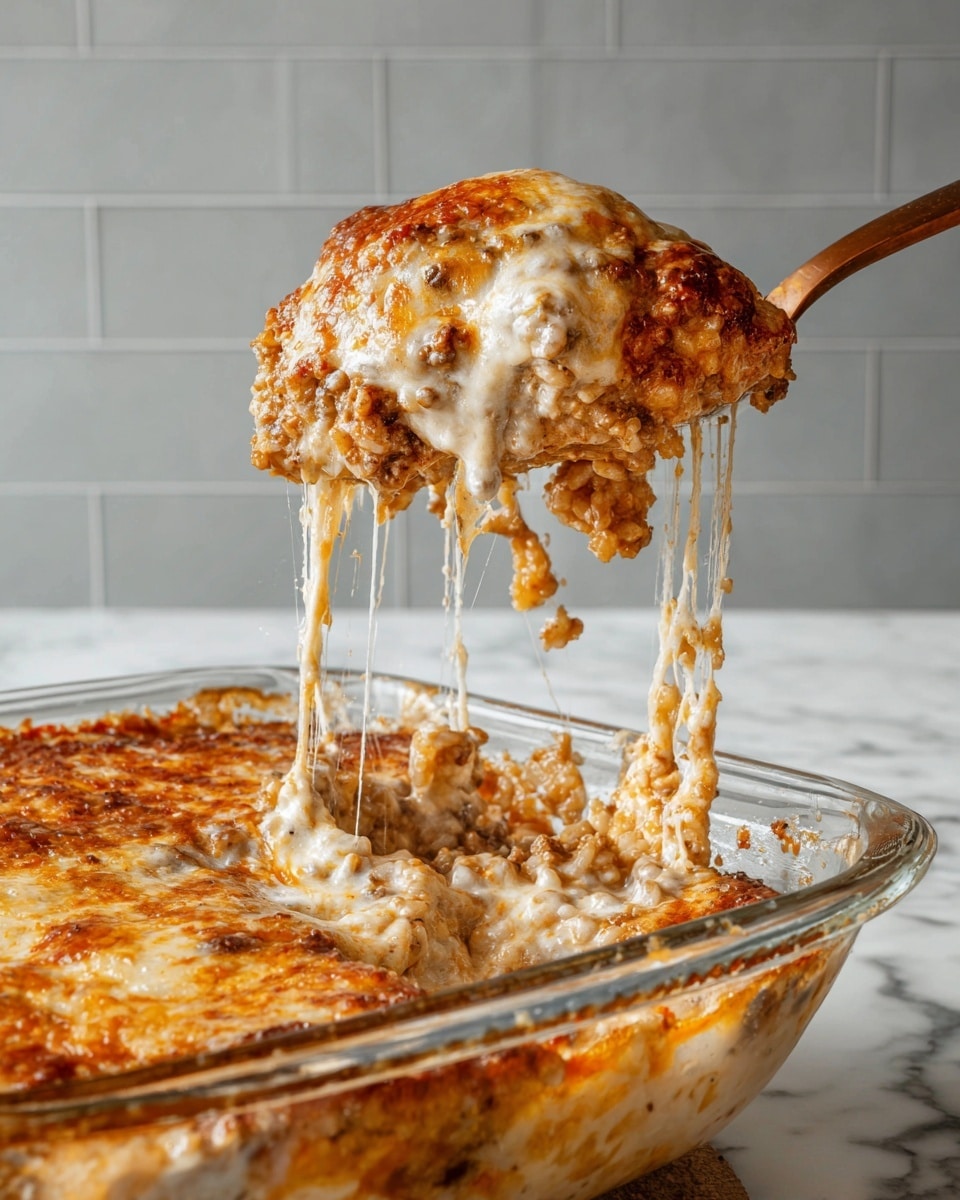 A large spoon lifts a portion of baked casserole from a clear glass dish, showing three layers. The bottom layer is a creamy white sauce mixed with bits of ground meat and rice, slightly browned. The middle layer is rich reddish-brown with cooked tomato and spices, while the top layer is melted cheese browned in spots with stretchy cheese strings hanging from the spoon. The dish rests on a white marbled surface with a tiled light gray background. photo taken with an iphone --ar 4:5 --v 7