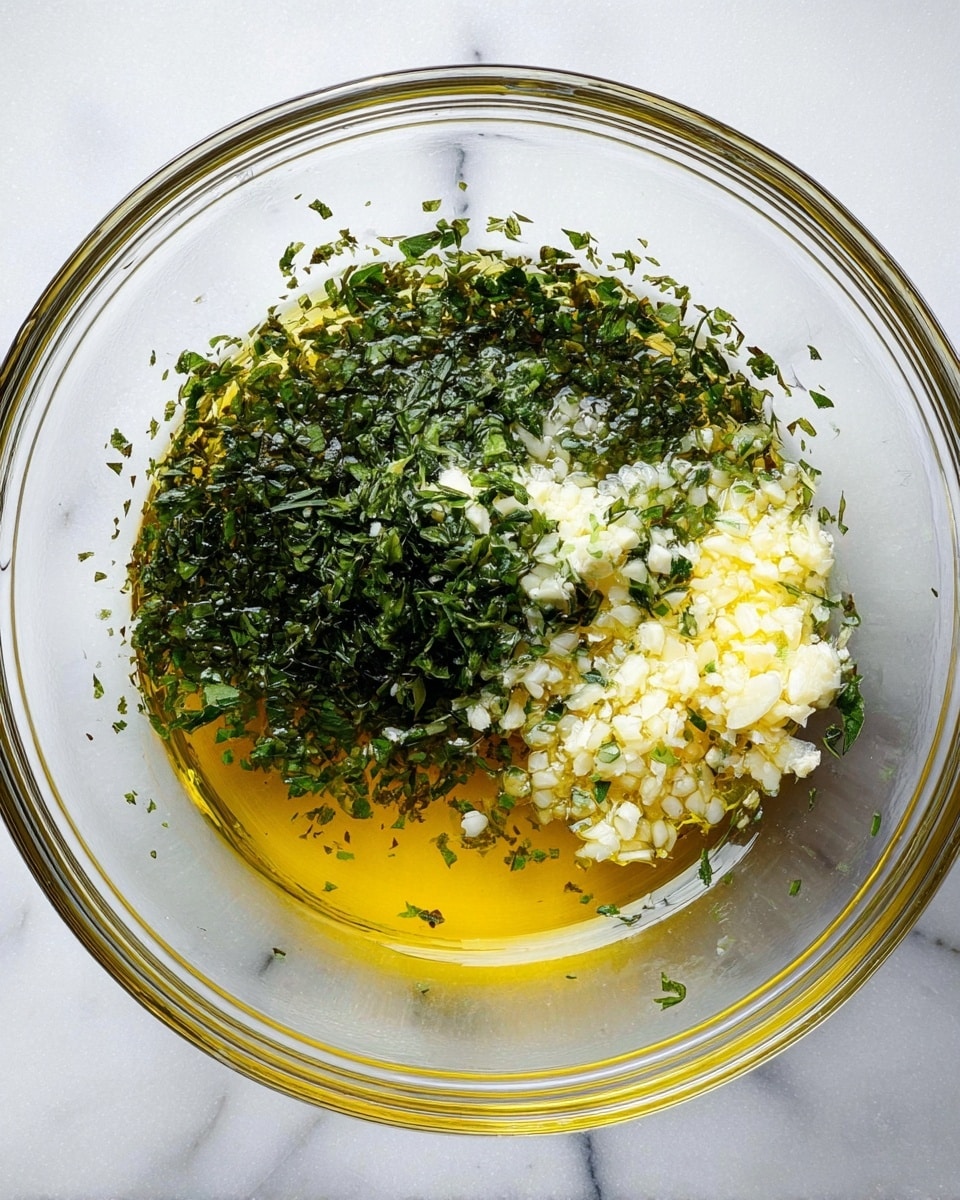 A clear glass bowl sits on a white marbled surface, containing a mixture with three visible layers: at the bottom is a pool of golden yellow olive oil, on the right side finely chopped white garlic pieces form a dense layer, and covering most of the left and upper parts is a layer of finely chopped green herbs, likely parsley, with some small scattered pieces around the bowl rim. Photo taken with an iphone --ar 4:5 --v 7