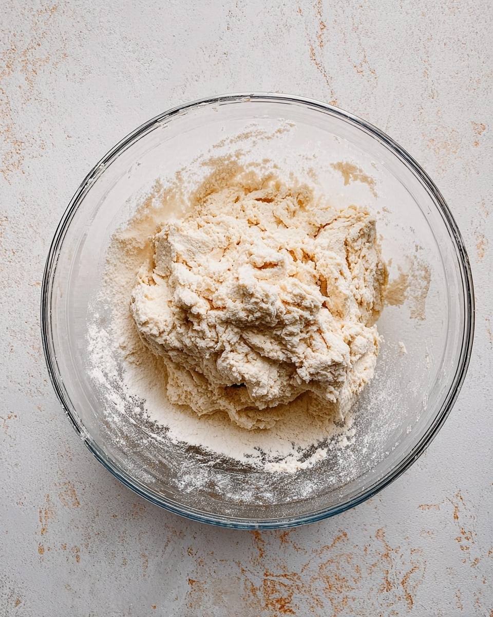 The image shows a clear glass bowl resting on a white marbled surface filled with rough, pale dough. The dough is dense and crumbly with an uneven texture, forming a jagged mound in the center of the bowl. There is leftover flour dusted around the edges inside the bowl, highlighting the mixing process. The overall color palette is soft beige and cream tones, with the glass bowl's transparency allowing shadows and light reflections to be seen. Photo taken with an iphone --ar 4:5 --v 7