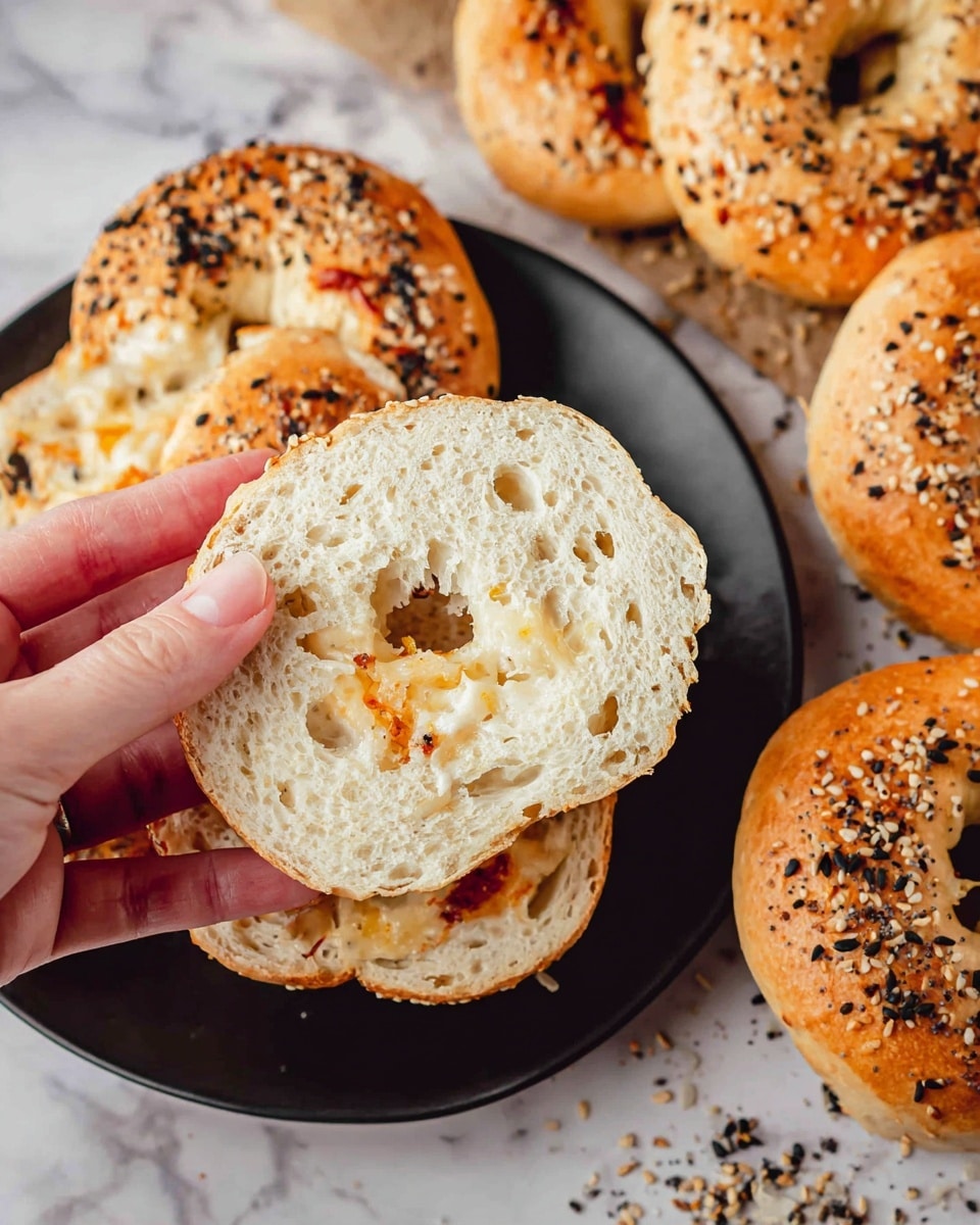 Several bagels are shown, with the top one sliced open and held by a woman's hand. The bagel slice reveals a soft, airy inside with a light cream color and some small holes. The bottom half of the bagel rests on a black plate and is topped with melted cheese that is slightly browned and mixed with scattered black and white seeds. Behind the plate, whole bagels with a golden-brown crust are sprinkled with sesame seeds, poppy seeds, and other seasoning. The scene is set on a white marbled texture with some loose seeds scattered around. Photo taken with an iphone --ar 4:5 --v 7