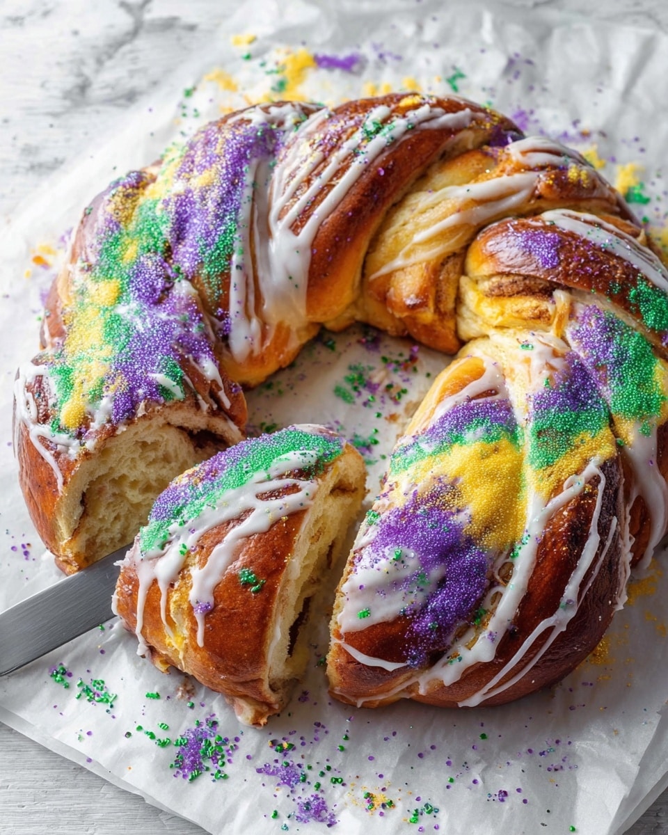 A round braided bread wreath with a shiny golden-brown crust sits on white parchment paper over a white marbled surface. The bread is topped with thick white icing drizzled unevenly across the layers, with colorful sugar sprinkles in purple, yellow, and green scattered generously over the surface and fallen onto the parchment. The wreath is partly sliced, revealing soft, twisted layers inside. A silver knife is cutting one part of the wreath. Photo taken with an iphone --ar 4:5 --v 7