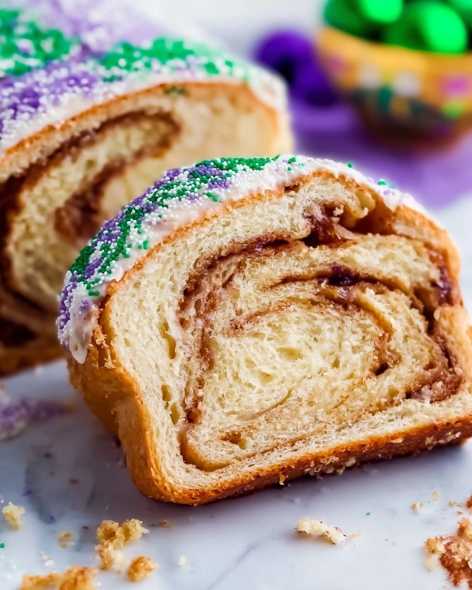 The image shows a close-up of two slices of swirled bread with a light brown crust and soft inside. The bread layers have a gentle swirl pattern with darker cinnamon or spice filling inside. On top of the bread, there is a layer of white icing covered with green and purple sugar sprinkles. The slices rest on a white marbled surface with some scattered crumbs and sugar sprinkles around. In the background, there is a glimpse of a colorful side dish on the right. The focus is sharp on the front slice, showing the texture of the bread and topping clearly. photo taken with an iphone --ar 4:5 --v 7