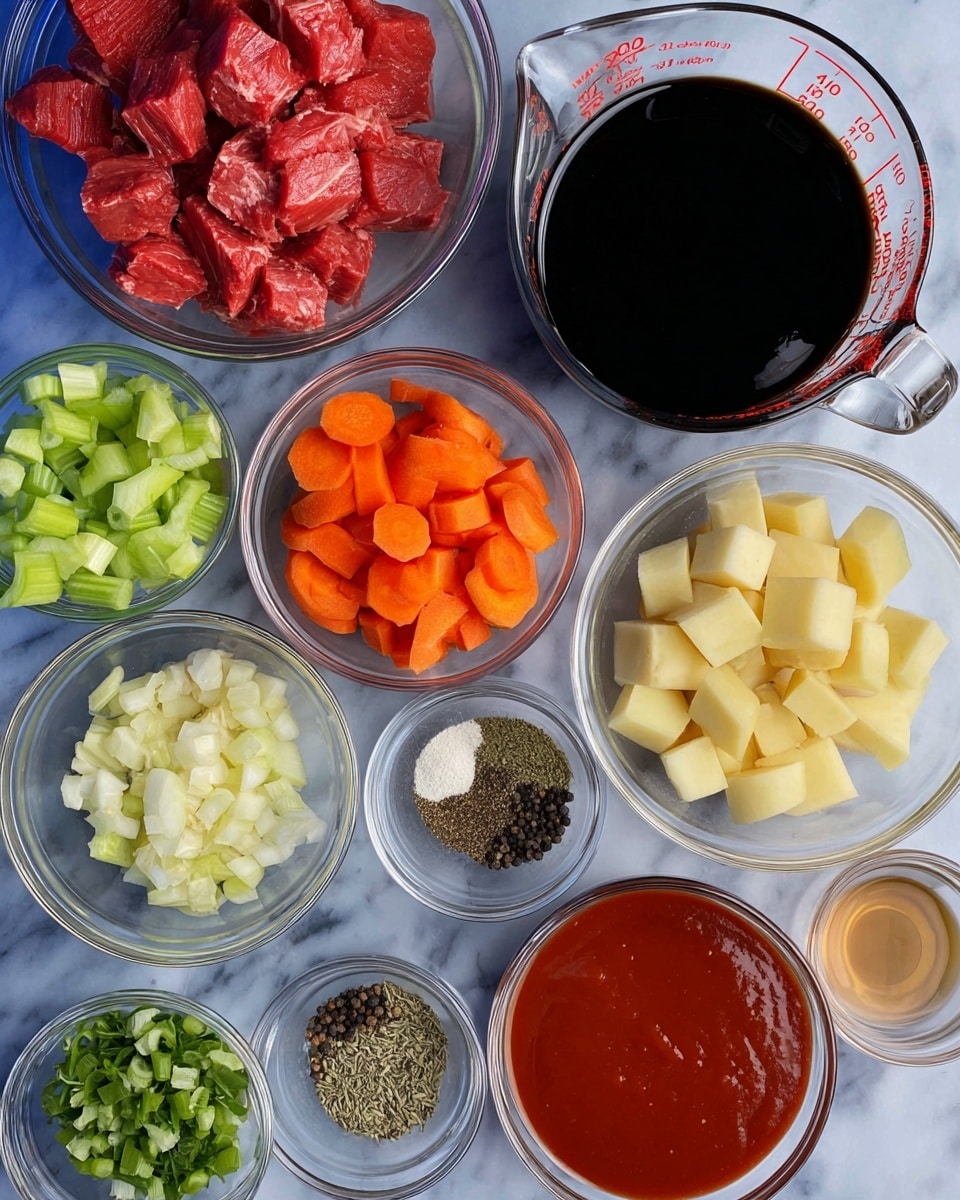 The image shows several clear glass bowls arranged on a white marbled surface, each holding different ingredients. There is a bowl with bright red pieces of raw meat in the top left, next to a larger measuring cup filled with dark brown liquid on the top right. In the center, a medium bowl contains a very dark, almost black, thick sauce. Other smaller bowls hold various ingredients including chopped green celery, orange carrot chunks, light yellow cubed potatoes with skin, finely chopped green herbs, minced light yellow garlic, black ground pepper, mixed dried herbs, light clear liquid, dark thick sauce, and a smooth bright red sauce. The bowls are neatly spread in a loose circular pattern, showing a colorful mix of fresh and prepared items. Photo taken with an iphone --ar 4:5 --v 7
