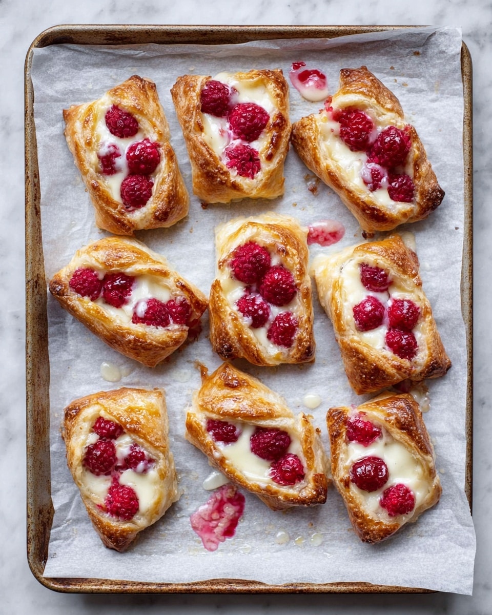 Nine small pastries are arranged on a baking tray lined with white parchment paper, the tray resting on a white marbled surface. Each pastry has a golden brown crust, puffed and slightly crispy, shaped roughly rectangular but folded in the middle to hold the filling. Inside, the filling includes layers of bright red raspberries and creamy white cheese or custard that looks soft and smooth, slightly melted and blending into the fruit. The raspberries appear fresh with some juice seeped out, adding a glossy texture to the pastries. The edges of the pastry are slightly browned, showing a flaky texture. Some small drops of fruit juice and melted filling are visible around the pastries on the parchment. photo taken with an iphone --ar 4:5 --v 7