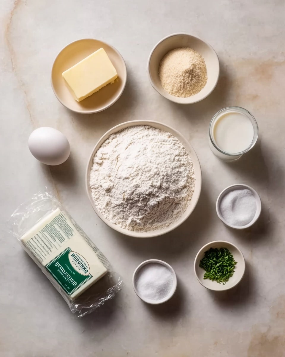A top view of baking ingredients arranged neatly on a white marbled surface, featuring a white bowl filled with white flour dusted with flour powder in the center. Around it, clockwise from top left, there is a small white bowl with pale yellow softened butter, a small white bowl with beige granulated yeast, a clear glass with white milk, a white egg in a white bowl, a rectangular wrapped block of butter in green packaging, a small white bowl with white salt, a small white bowl with white sugar, and a white bowl with green chopped herbs. The items are evenly spaced, creating a visually organized layout. Photo taken with an iphone --ar 4:5 --v 7